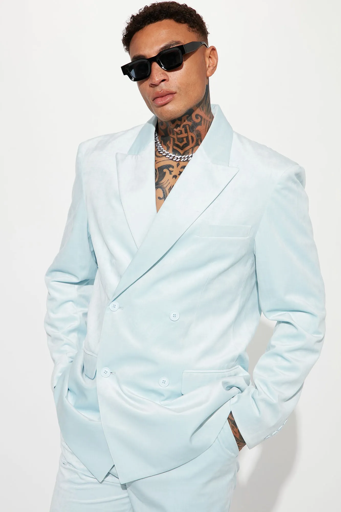 Alessandro Double Breasted Velvet Suit Jacket - Dusty Blue