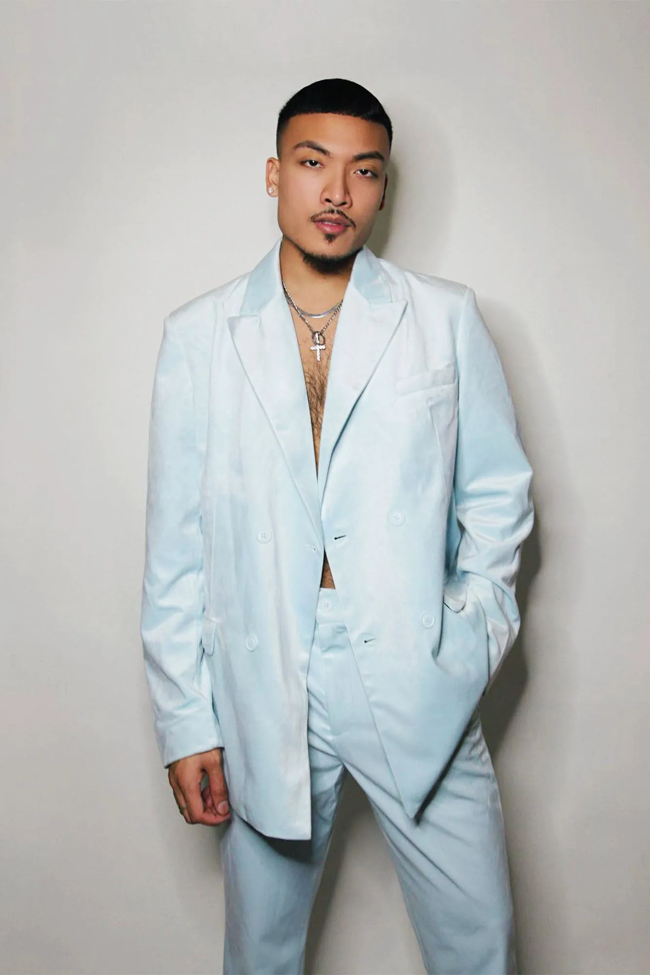 Alessandro Double Breasted Velvet Suit Jacket - Dusty Blue