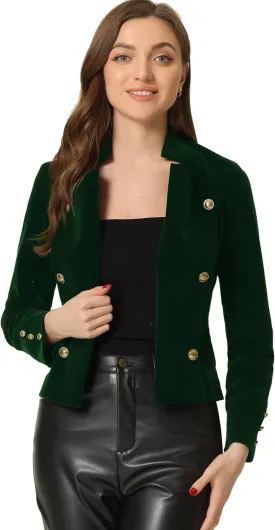 Allegra K Velvet Jacket for Women's Stand Collar Button Decor Open Front Vintage Jackets