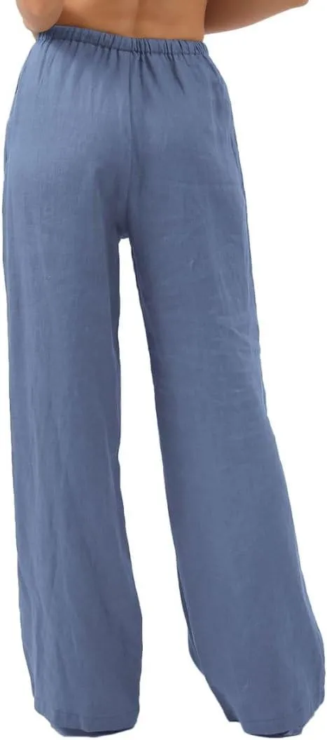 Amazhiyu Womens Pure Linen Summer Drawstring Flowy Wide Leg Pants with Pockets