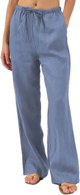 Amazhiyu Womens Pure Linen Summer Drawstring Flowy Wide Leg Pants with Pockets