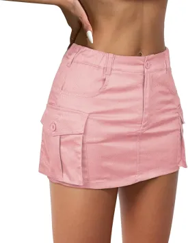 Century Star Womens Y2k Low Waist Mini Cargo Denim Skirt Button Bodycon with Pocket
