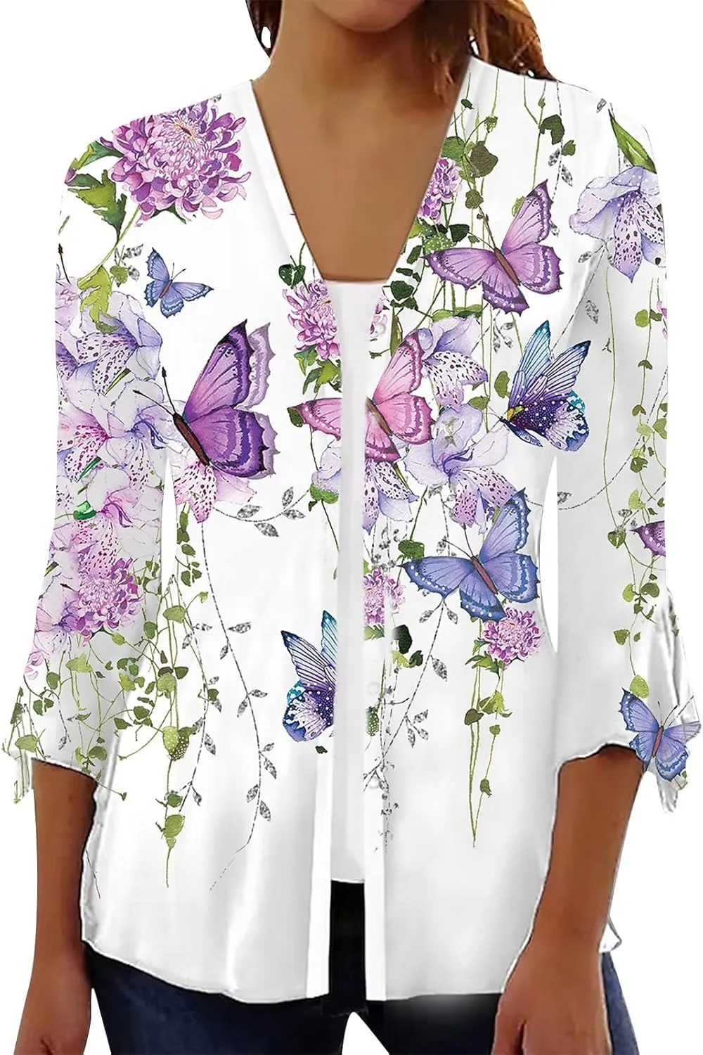 Cover Up for Women Kimonos Summer Swimsuit Ruffle Cardigan 2025 Floral 3/4 Length Sleeve Button Down Cover Up Boho Top