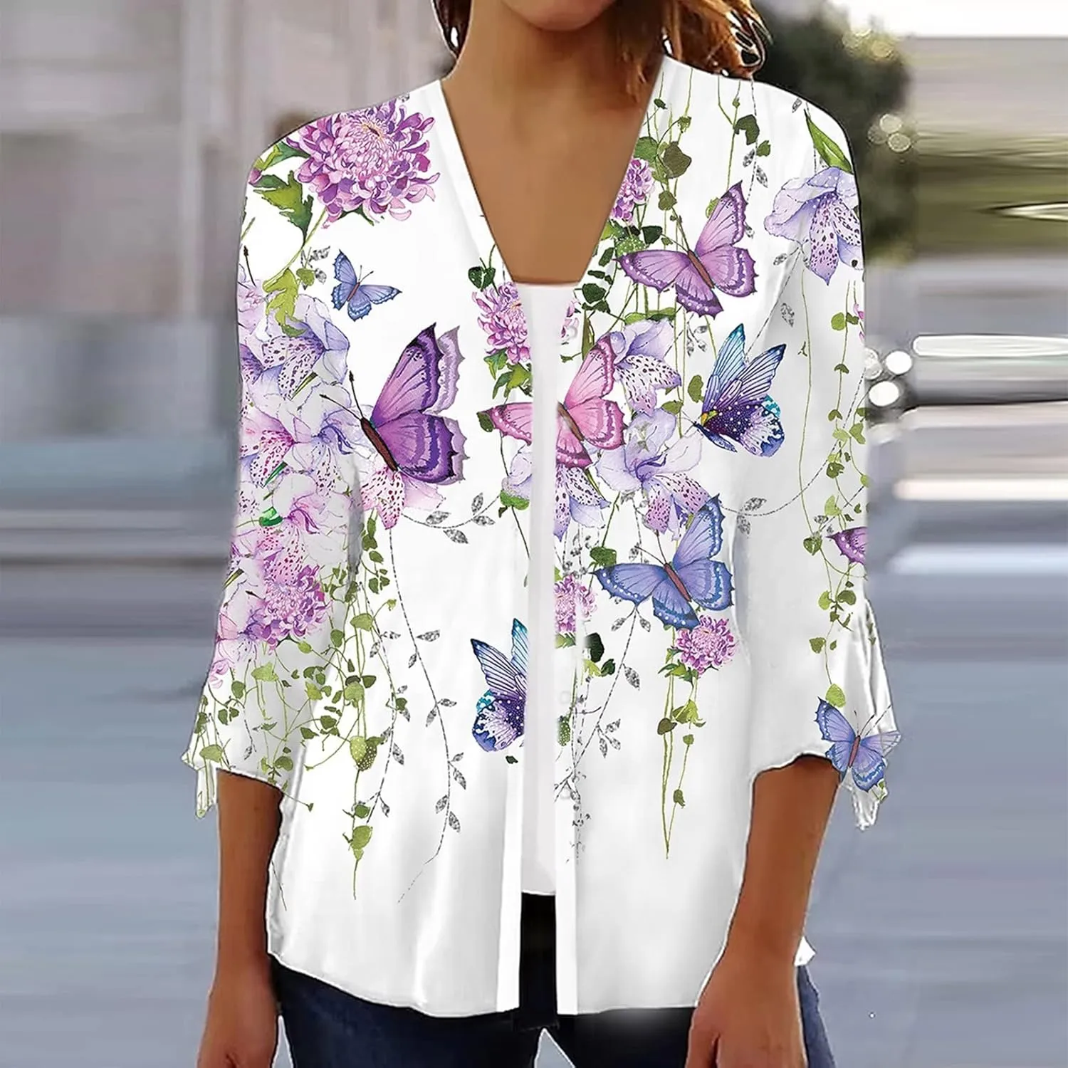 Cover Up for Women Kimonos Summer Swimsuit Ruffle Cardigan 2025 Floral 3/4 Length Sleeve Button Down Cover Up Boho Top