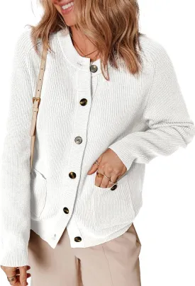 Dokotoo Cardigan Sweaters for Women Casual Long Sleeve Crewneck Button Down Cable Knit Sweater Tops with Pockets