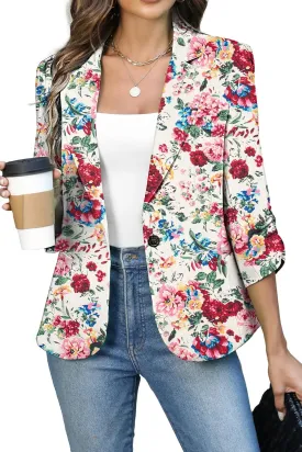 ELLEVEN Women's Ruched 3/4 Sleeve Blazers, Lightweight Slim Fit Jackets with Padded Shoulder for Business Casual