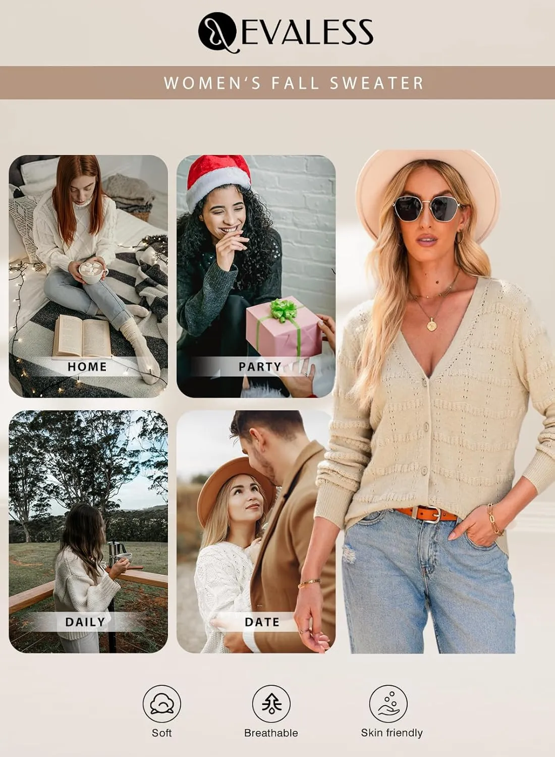 EVALESS Cardigan Sweaters for Women Button Down Open Front Lightweight V Neck Sweater Crochet Tops Fall Winter Outfits