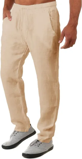 FANARCHER Mens Lightweight Cotton Linen Pants Casual Trousers Drawstring Yoga Beach Pants with Pockets