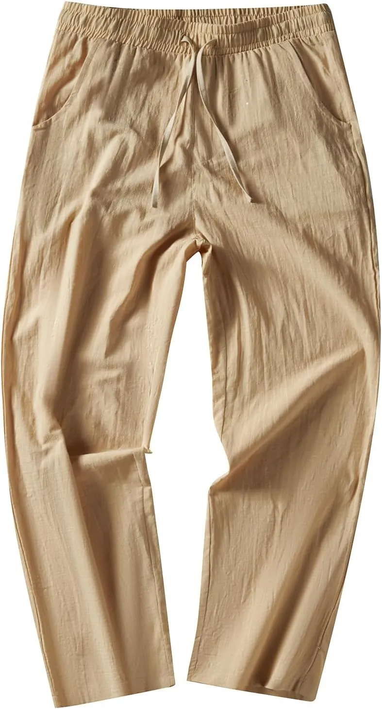 FANARCHER Mens Lightweight Cotton Linen Pants Casual Trousers Drawstring Yoga Beach Pants with Pockets