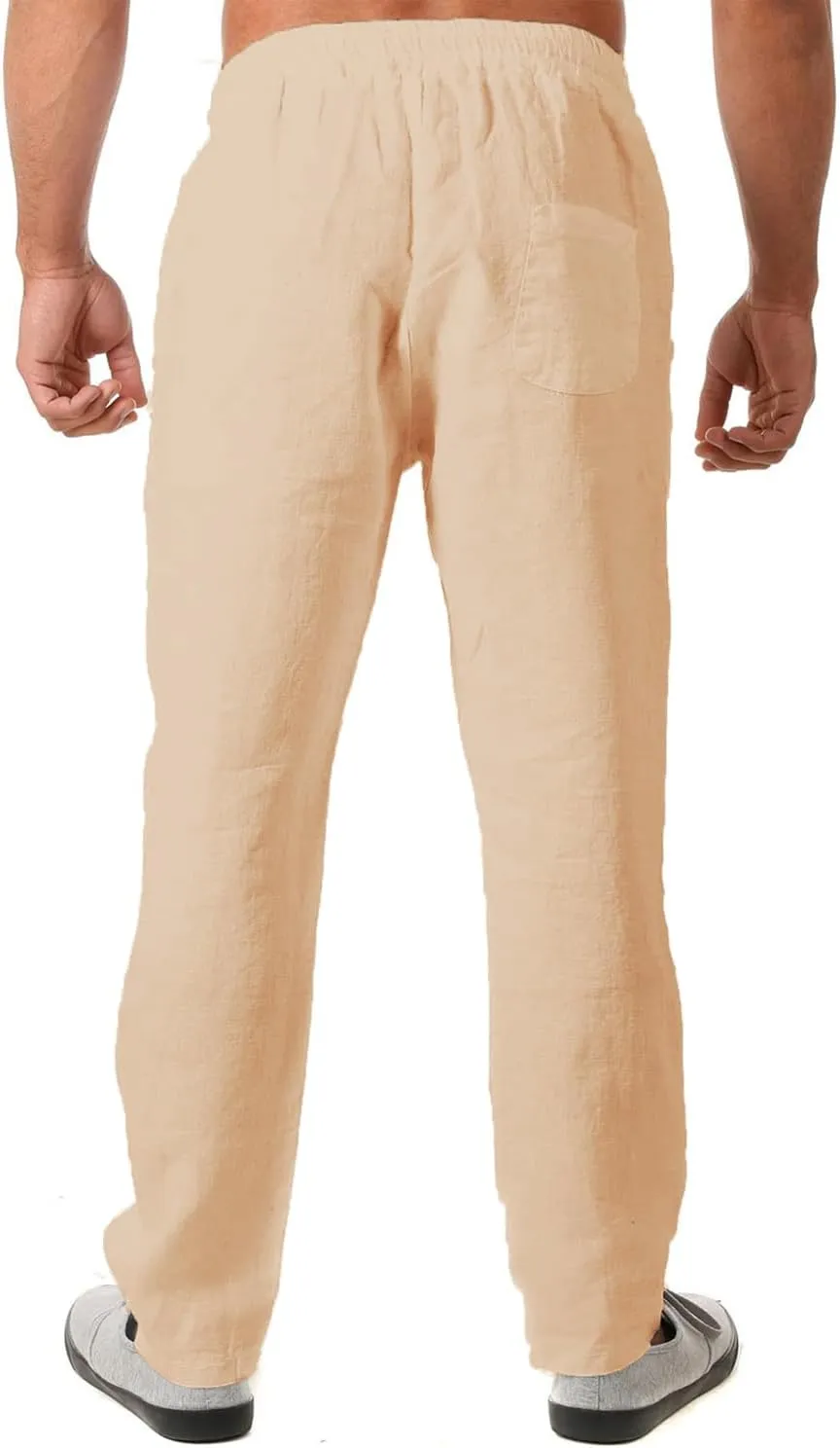 FANARCHER Mens Lightweight Cotton Linen Pants Casual Trousers Drawstring Yoga Beach Pants with Pockets