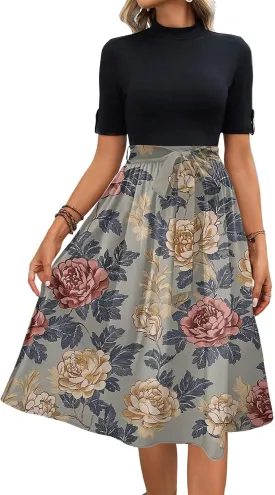 Floral Dresses Flowy Short Sleeve Empire Waist Summer Crewneck Midi Length Fashion Belted Sundresses for Women