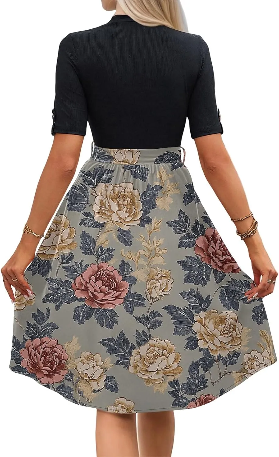 Floral Dresses Flowy Short Sleeve Empire Waist Summer Crewneck Midi Length Fashion Belted Sundresses for Women