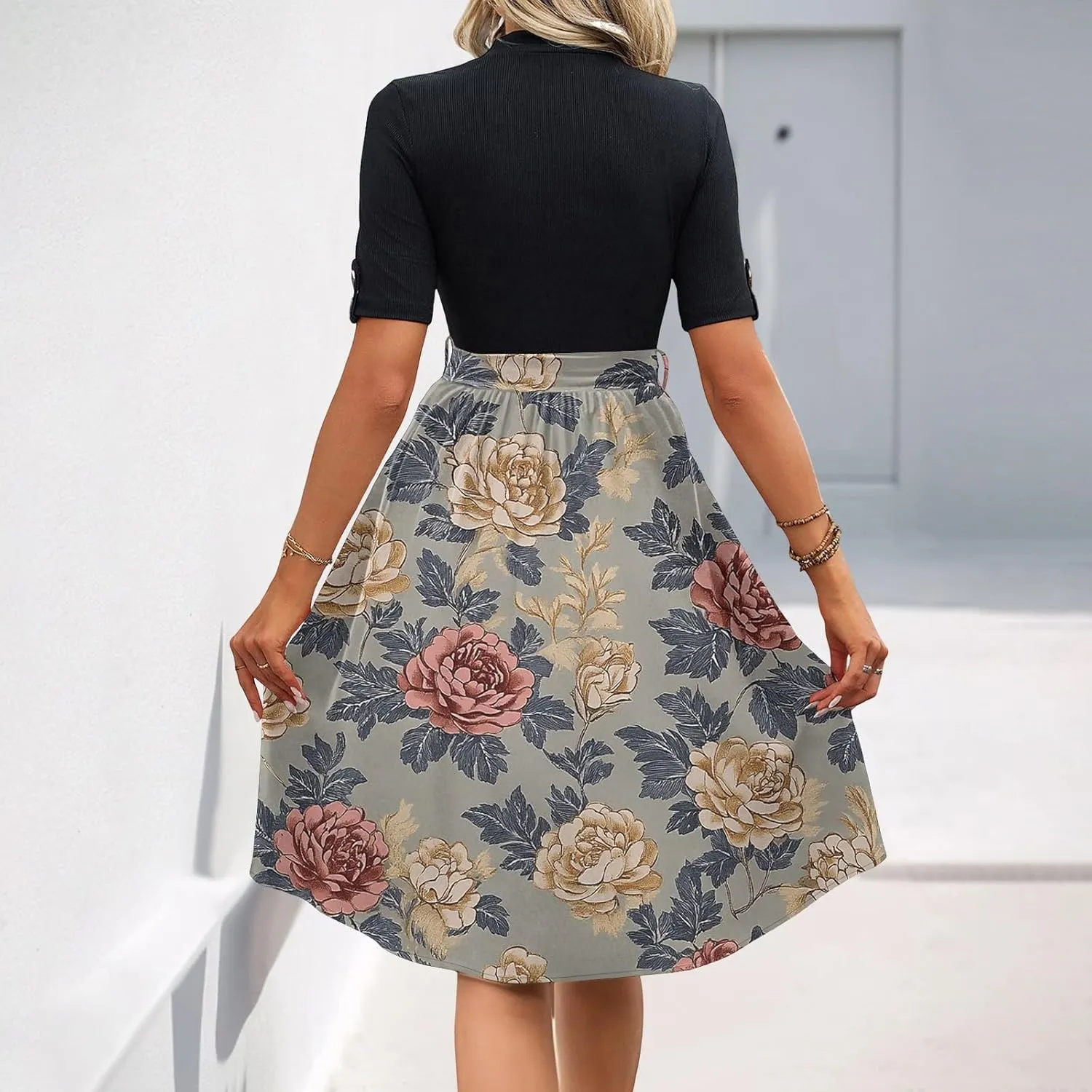 Floral Dresses Flowy Short Sleeve Empire Waist Summer Crewneck Midi Length Fashion Belted Sundresses for Women