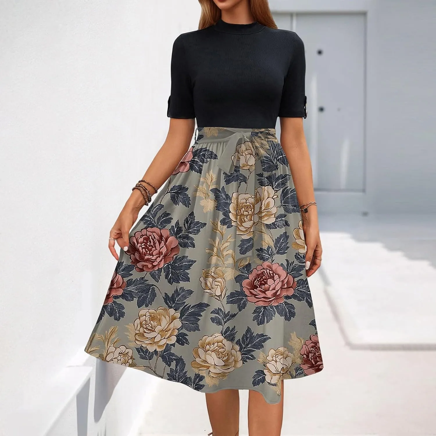 Floral Dresses Flowy Short Sleeve Empire Waist Summer Crewneck Midi Length Fashion Belted Sundresses for Women