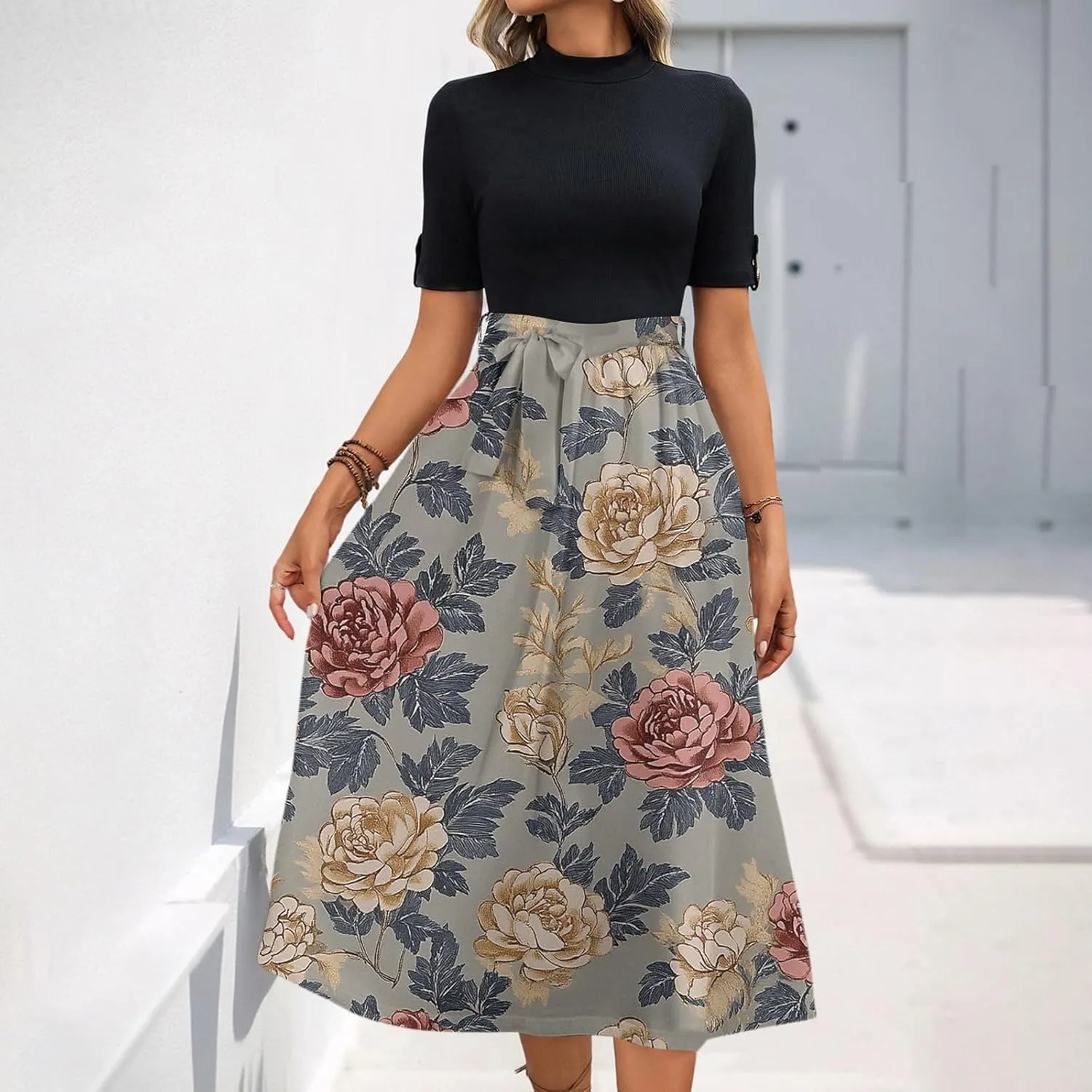 Floral Dresses Flowy Short Sleeve Empire Waist Summer Crewneck Midi Length Fashion Belted Sundresses for Women