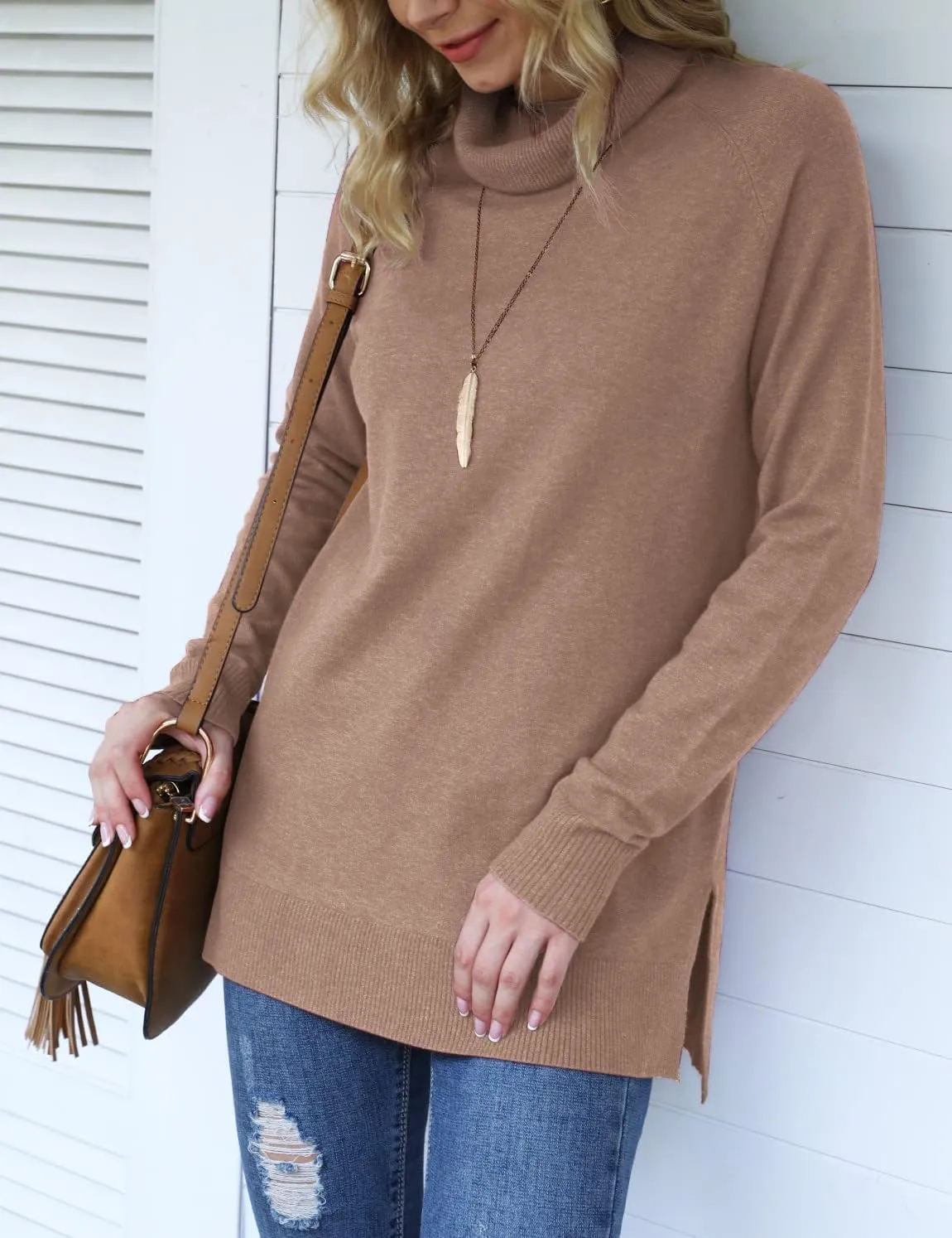 HWOKEFEIYU Women 2024 Fall Trendy Casual Sweater Turtleneck Long Sleeve Sweaters Pullover