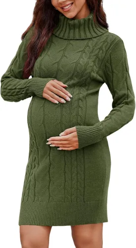 Langwyqu Womens Maternity Sweater Dress Cable Knit Sexy Bodycon Turtleneck Long Sleeve Mini Fall Sweaters Dresses