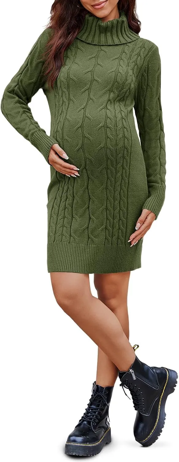 Langwyqu Womens Maternity Sweater Dress Cable Knit Sexy Bodycon Turtleneck Long Sleeve Mini Fall Sweaters Dresses