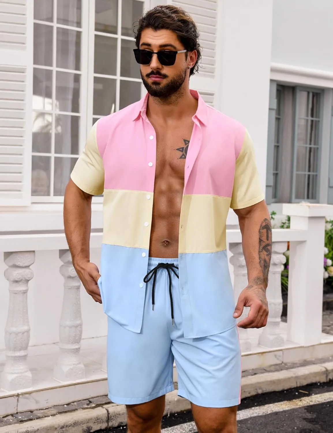 LecGee Mens Short Set 2 Piece Outfits Button Down Color Block Shirts And Shorts Set Summer Tracksuits