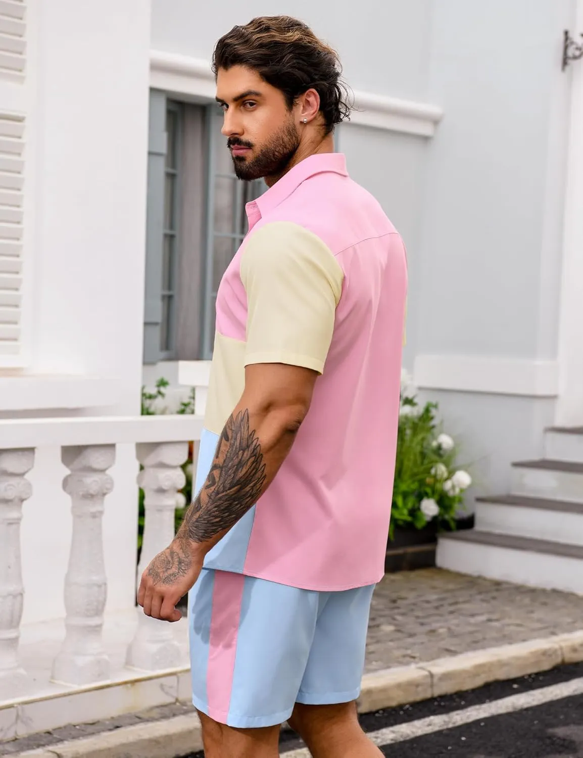 LecGee Mens Short Set 2 Piece Outfits Button Down Color Block Shirts And Shorts Set Summer Tracksuits