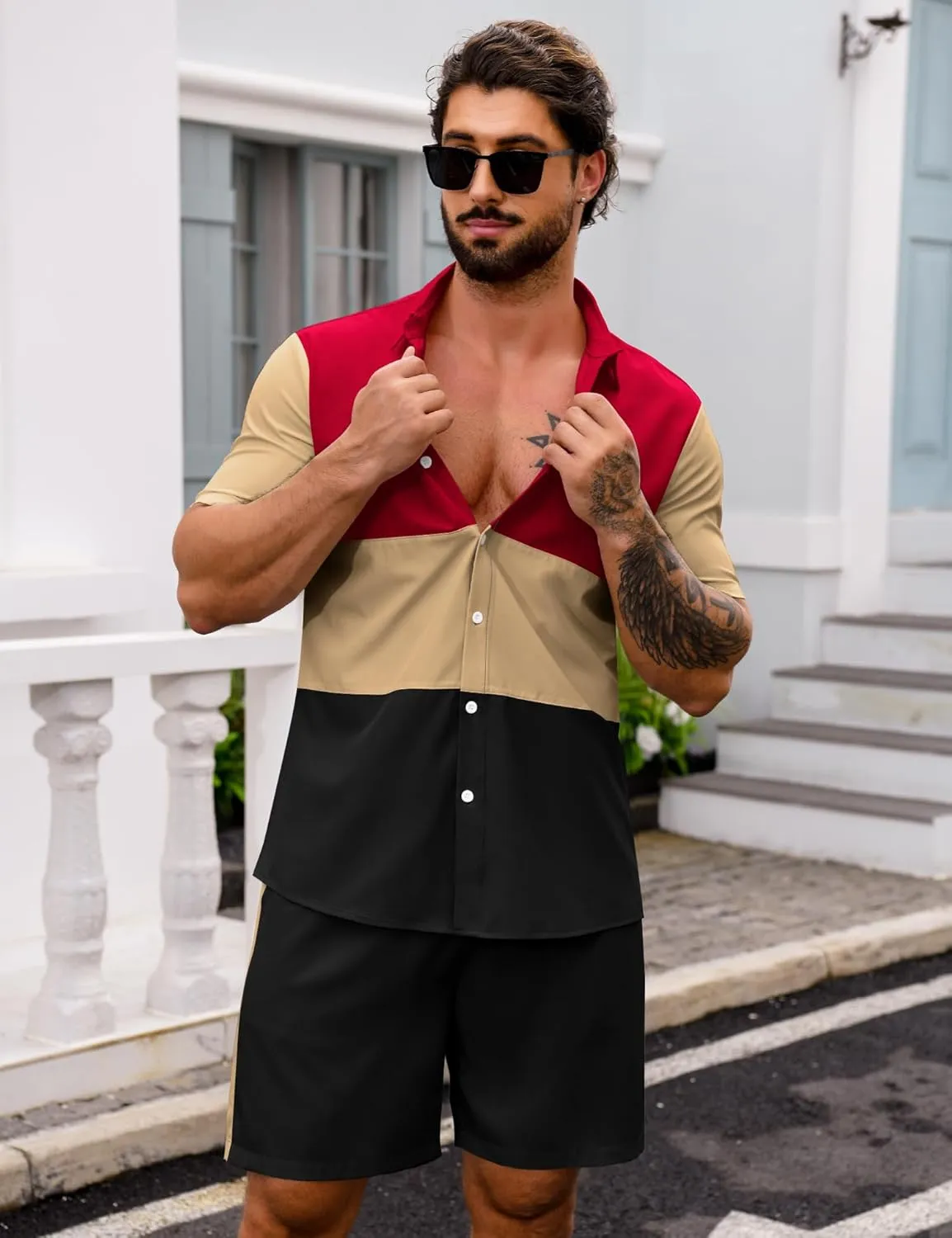 LecGee Mens Short Set 2 Piece Outfits Button Down Color Block Shirts And Shorts Set Summer Tracksuits