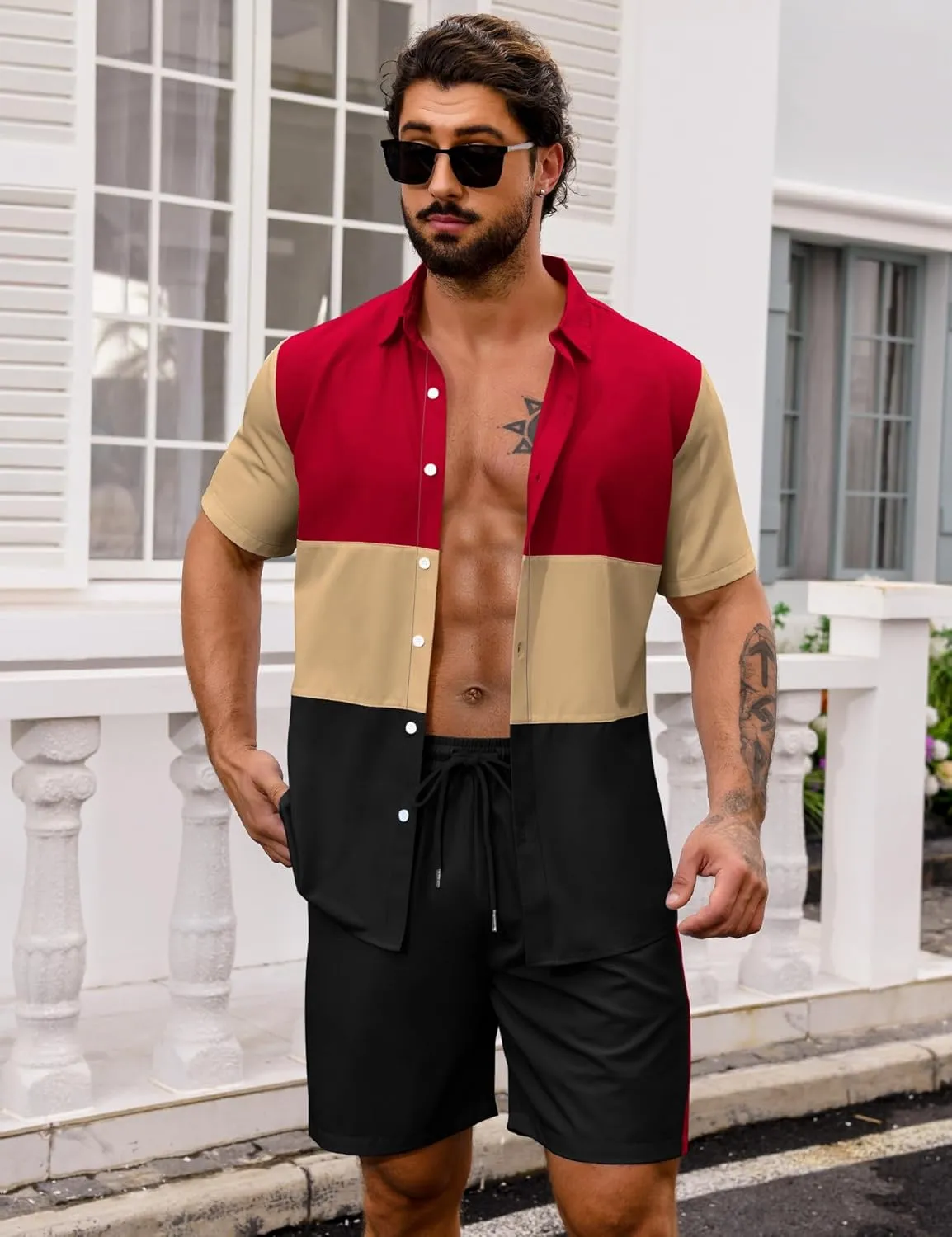 LecGee Mens Short Set 2 Piece Outfits Button Down Color Block Shirts And Shorts Set Summer Tracksuits