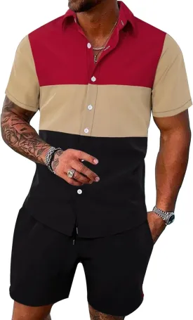 LecGee Mens Short Set 2 Piece Outfits Button Down Color Block Shirts And Shorts Set Summer Tracksuits