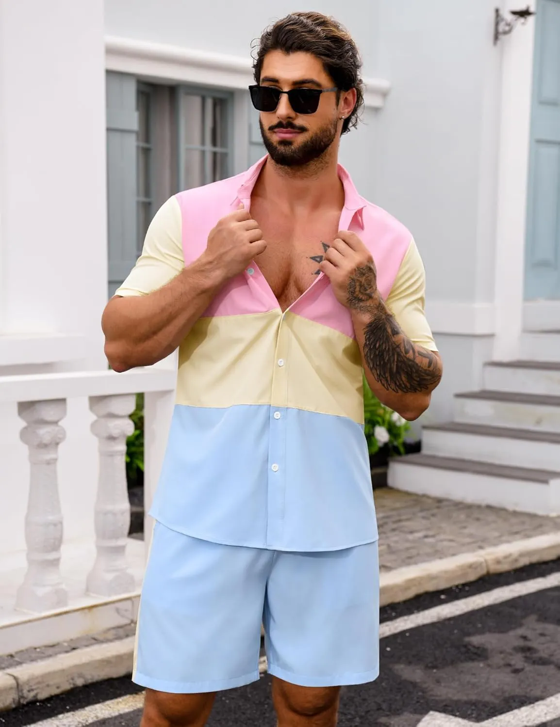 LecGee Mens Short Set 2 Piece Outfits Button Down Color Block Shirts And Shorts Set Summer Tracksuits