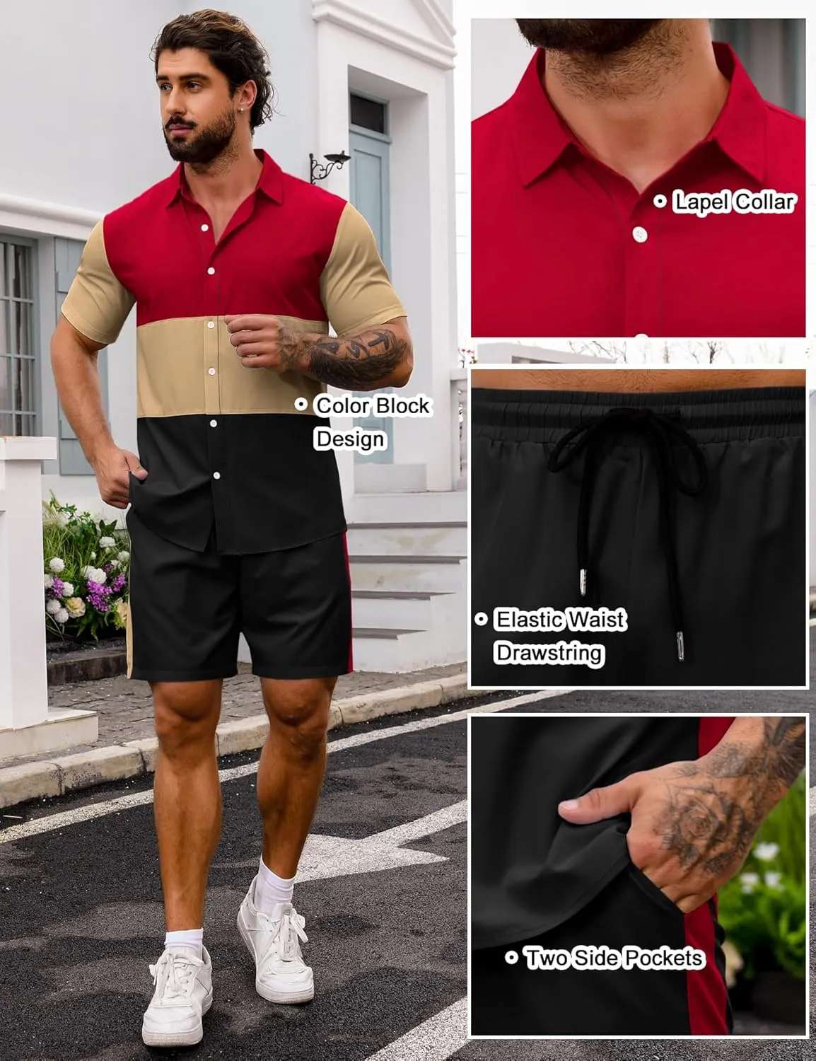 LecGee Mens Short Set 2 Piece Outfits Button Down Color Block Shirts And Shorts Set Summer Tracksuits