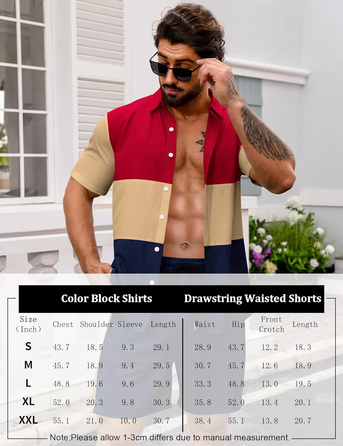 LecGee Mens Short Set 2 Piece Outfits Button Down Color Block Shirts And Shorts Set Summer Tracksuits