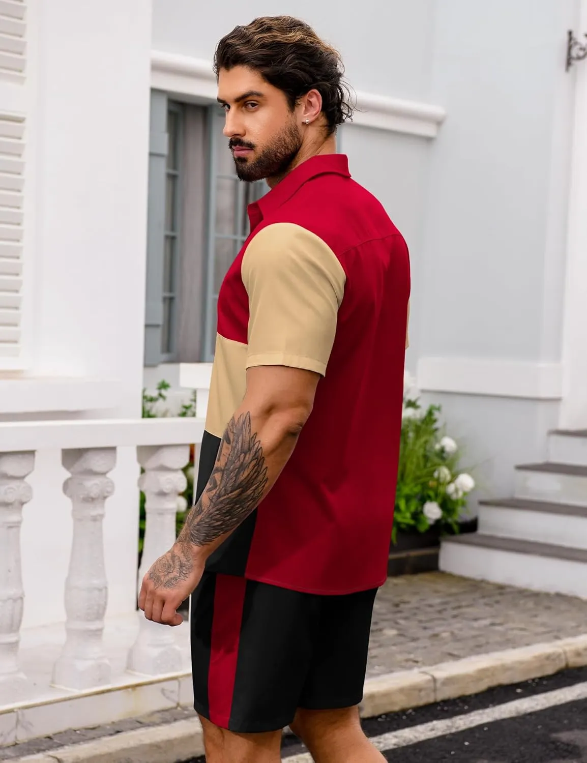 LecGee Mens Short Set 2 Piece Outfits Button Down Color Block Shirts And Shorts Set Summer Tracksuits