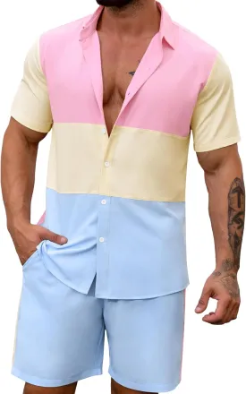 LecGee Mens Short Set 2 Piece Outfits Button Down Color Block Shirts And Shorts Set Summer Tracksuits
