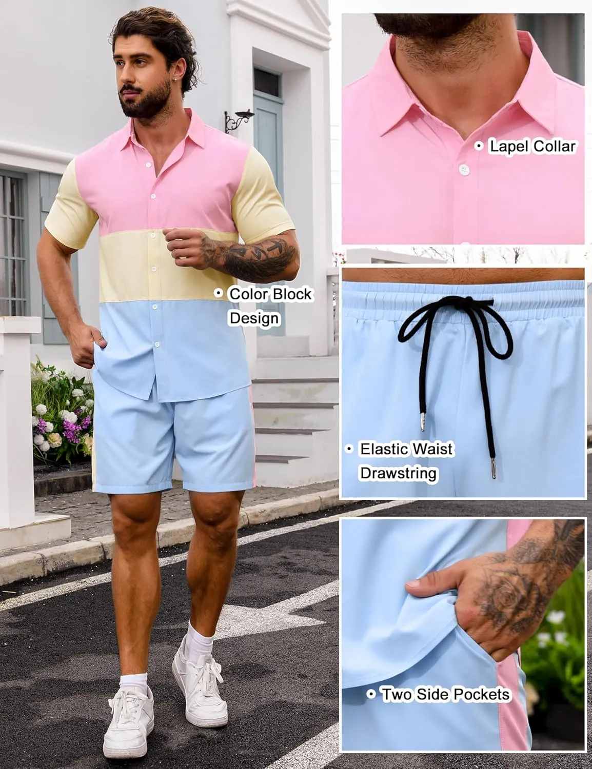 LecGee Mens Short Set 2 Piece Outfits Button Down Color Block Shirts And Shorts Set Summer Tracksuits