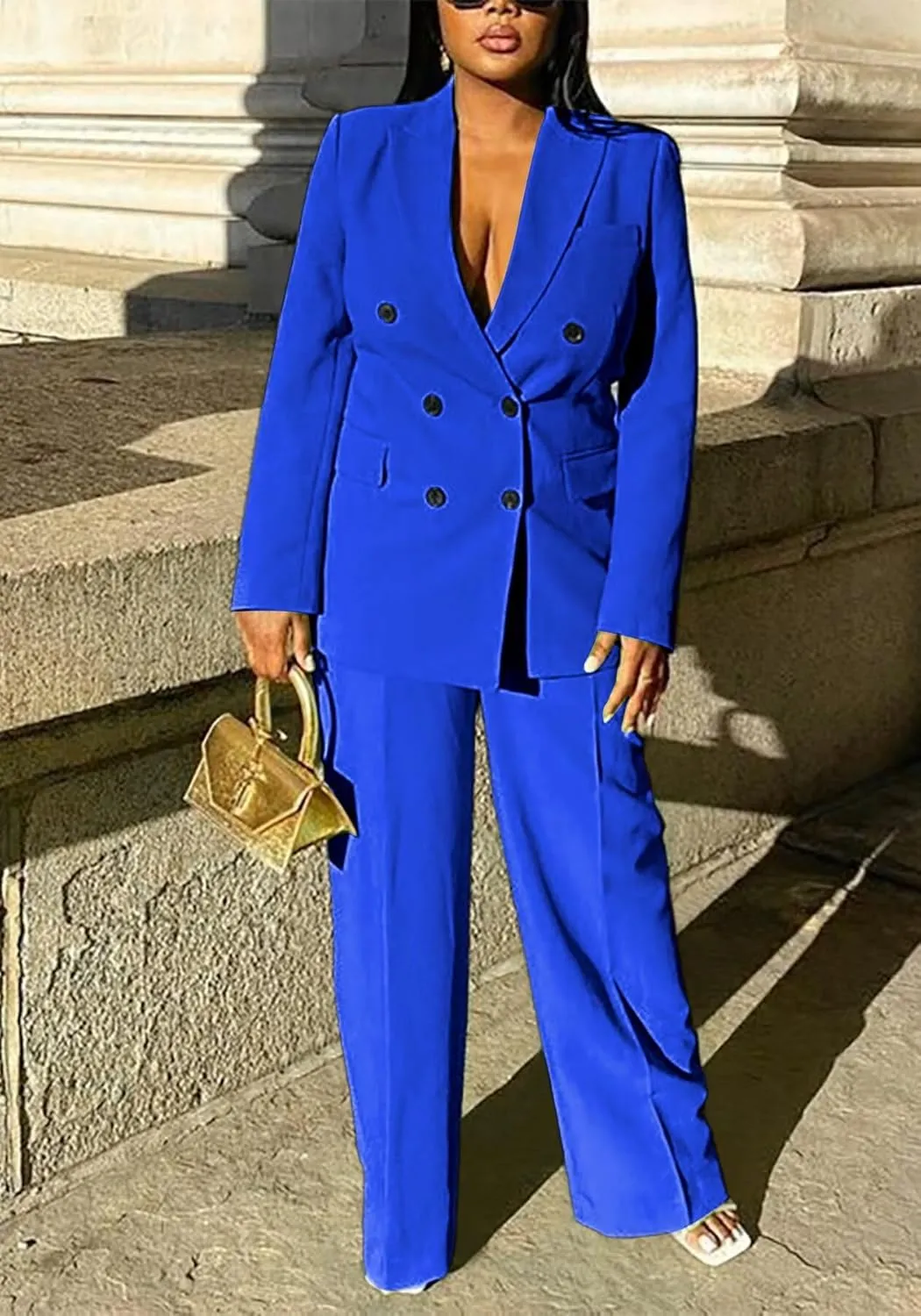 LROSEY 2 Piece Outfits for Women Dressy Double Breasted Blazer Jackets High Waisted Wide Leg Pants Suits Set Casual Business