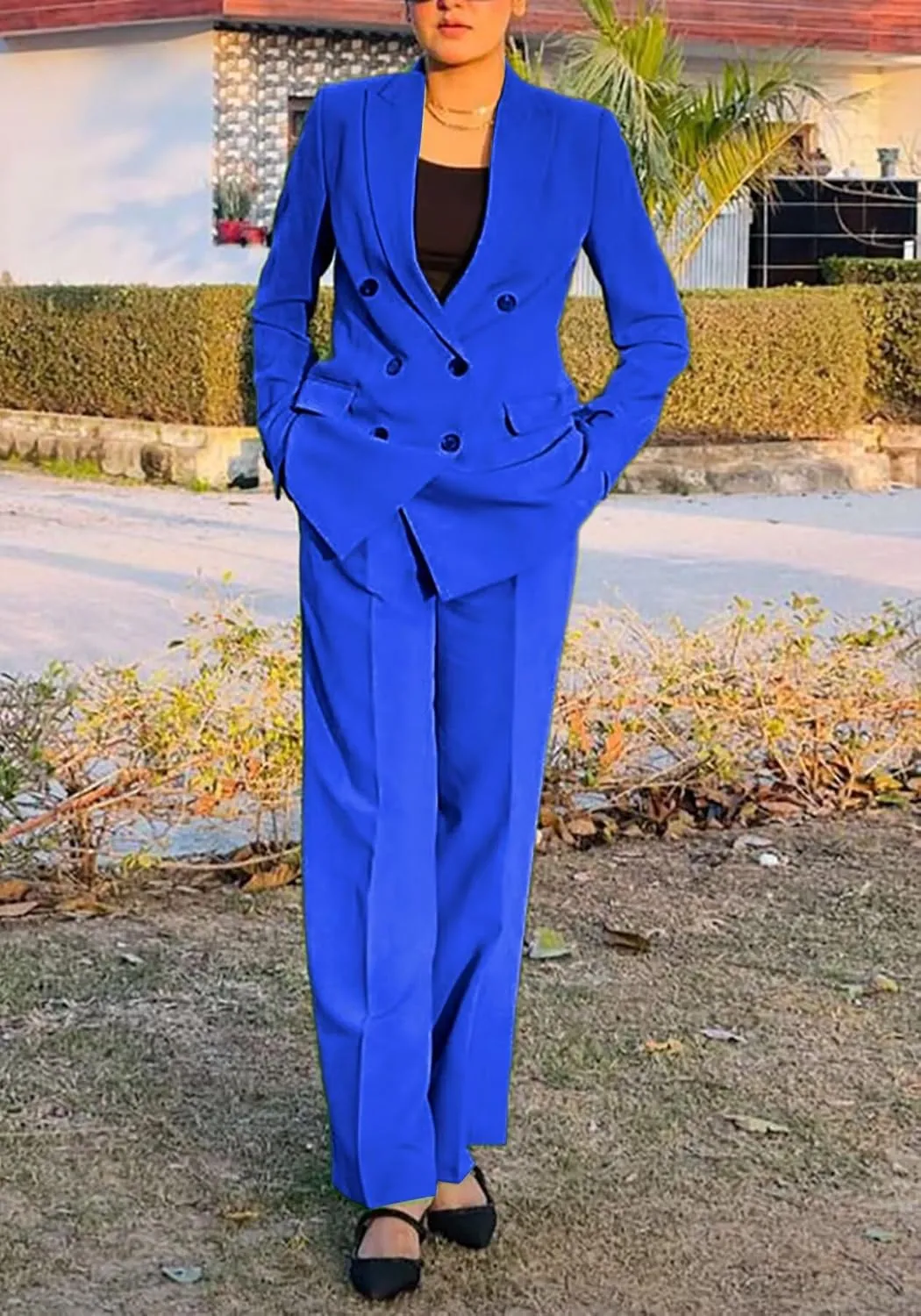 LROSEY 2 Piece Outfits for Women Dressy Double Breasted Blazer Jackets High Waisted Wide Leg Pants Suits Set Casual Business