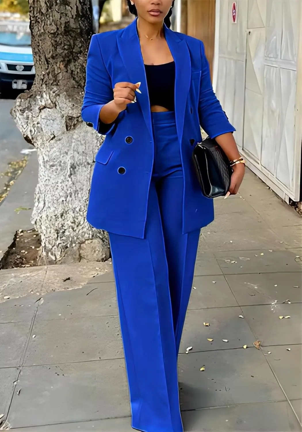 LROSEY 2 Piece Outfits for Women Dressy Double Breasted Blazer Jackets High Waisted Wide Leg Pants Suits Set Casual Business