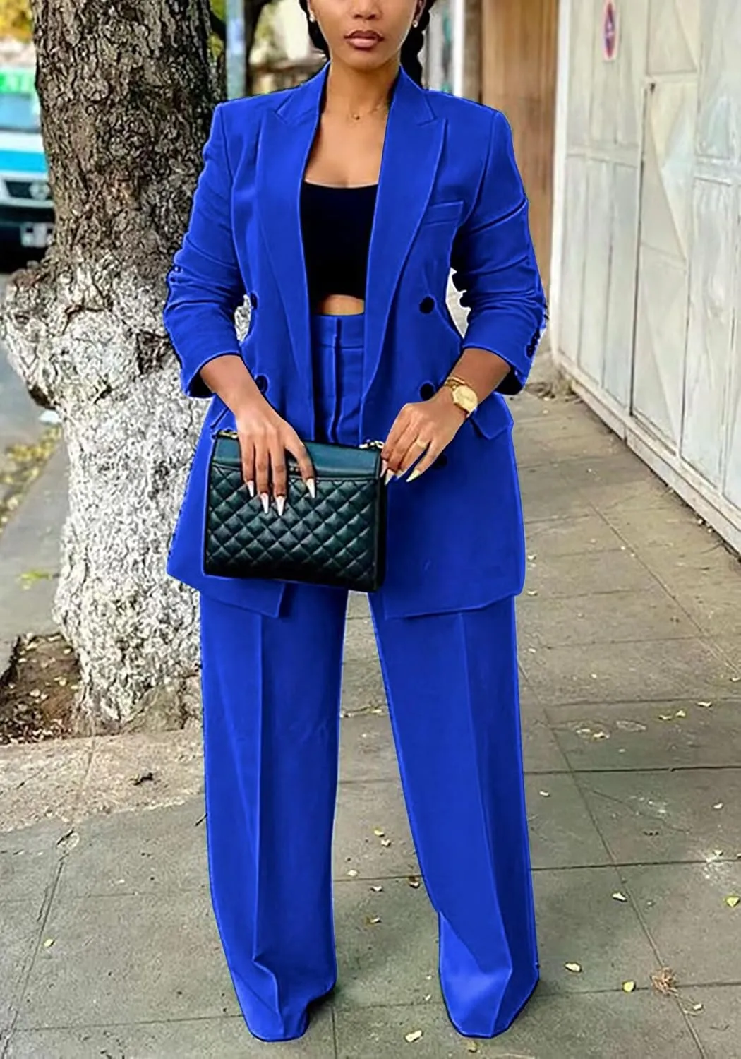 LROSEY 2 Piece Outfits for Women Dressy Double Breasted Blazer Jackets High Waisted Wide Leg Pants Suits Set Casual Business