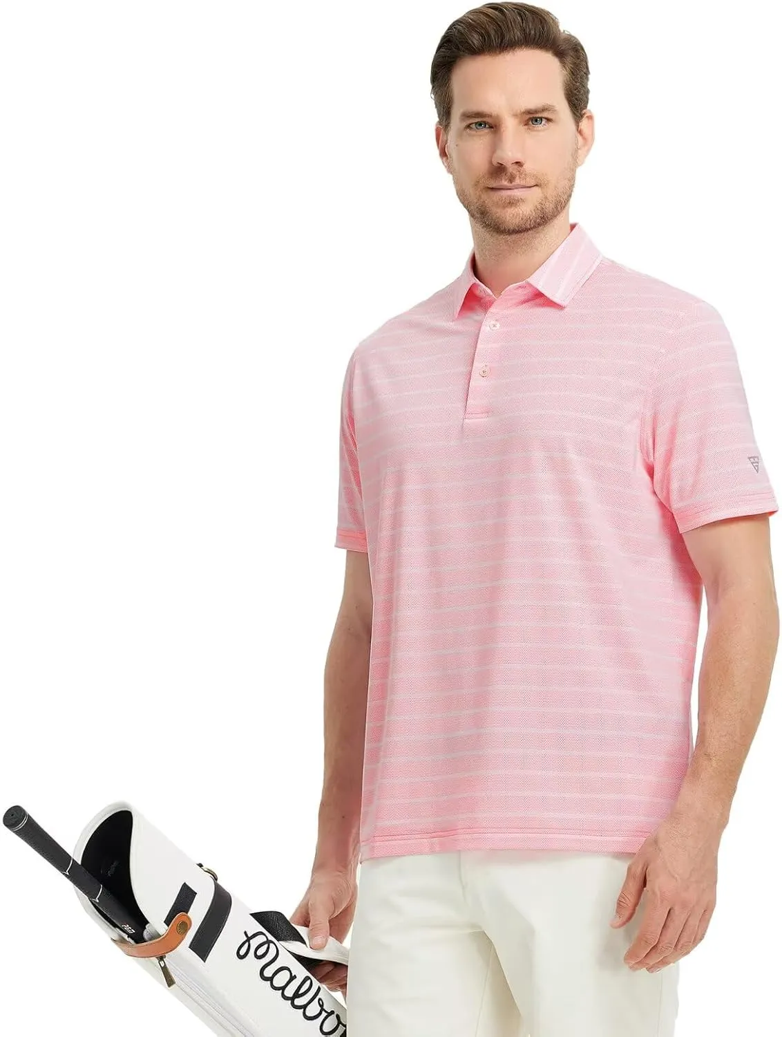 M MAELREG Men's Golf Shirts Moisture Wicking Dry Fit Lightweight Performance Short Sleeve Jacquard Striped Polo Shirts