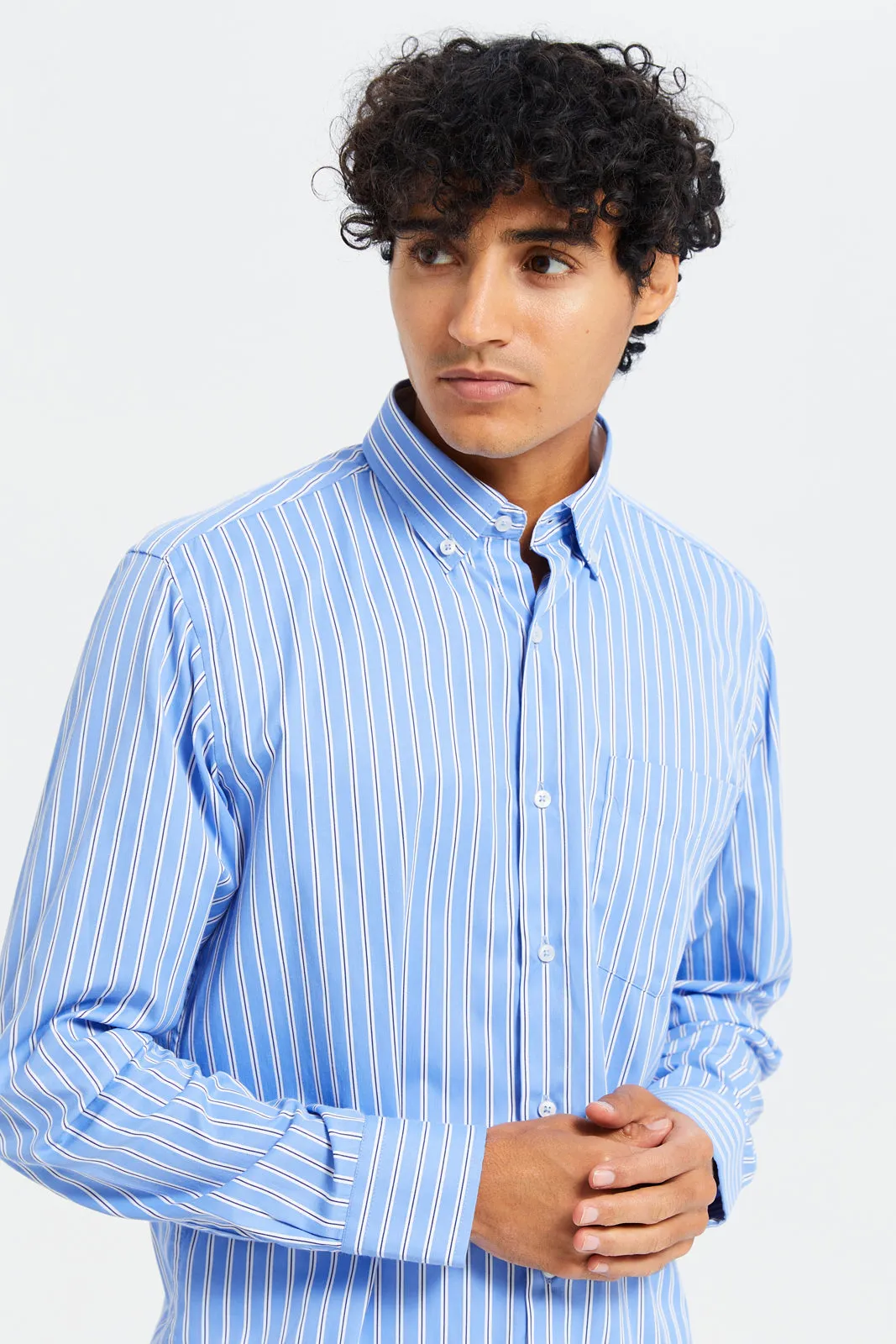 Men Blue Striped Shirt With Buttons