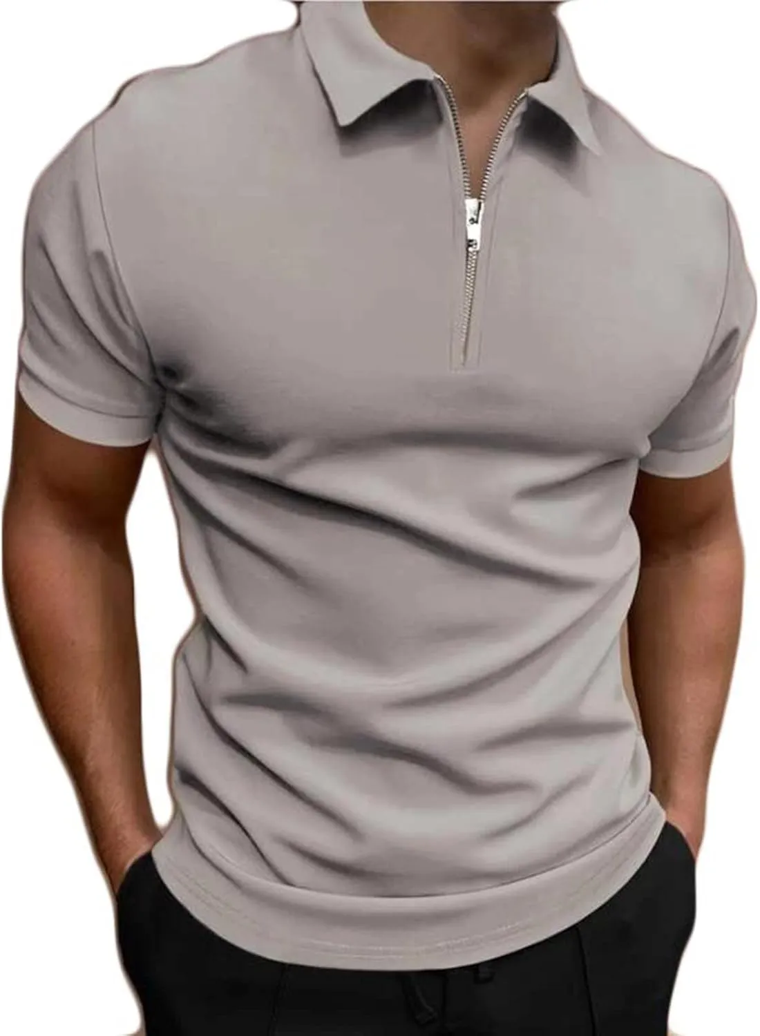 Men's Casual Solid Polo Shirts Zipper Lapel Short Sleeve Tops Classic Golf Tees Basic Golf Shirt Cotton Top