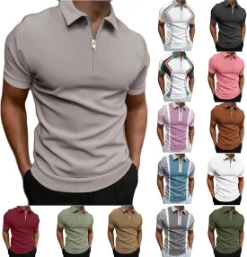 Men's Casual Solid Polo Shirts Zipper Lapel Short Sleeve Tops Classic Golf Tees Basic Golf Shirt Cotton Top