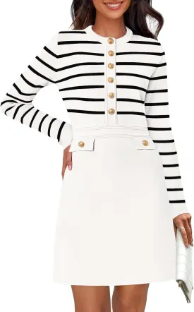 MEROKEETY Women's Long Sleeve Striped Sweater Dress Button Crewneck Fall Bodycon Formal Mini Dresses