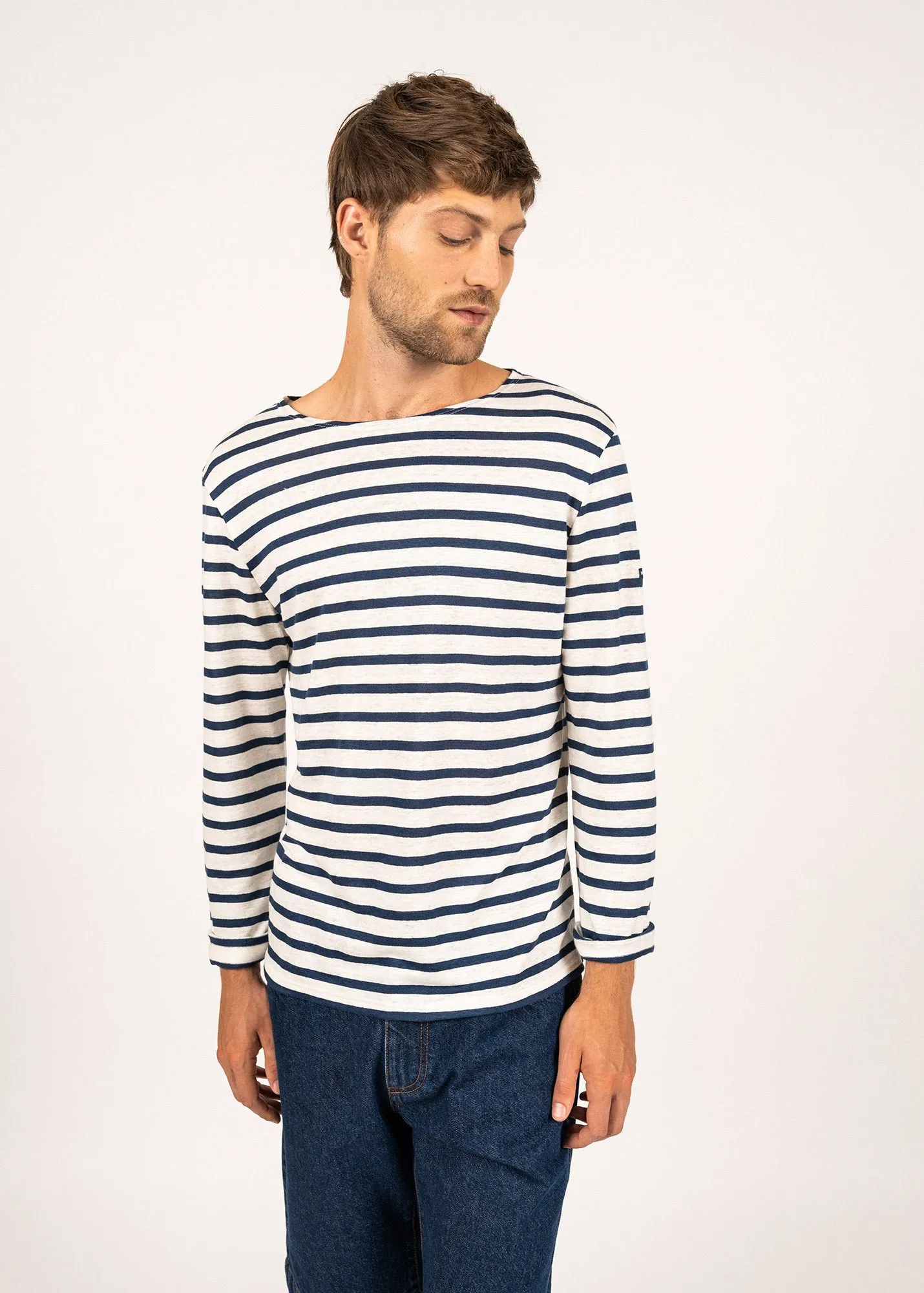 Minquiers iconic sailor striped shirt - in Norman linen (NEIGE/MARINE)