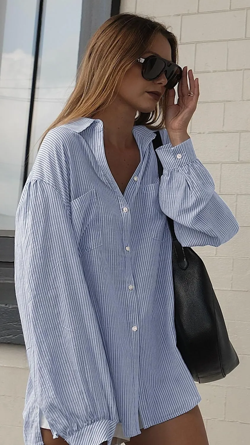 Neweek Womens Button Down Boyfriend Striped Shirts Long Sleeve Cotton Work Office Loose Blouses Tops with Pocket 2025