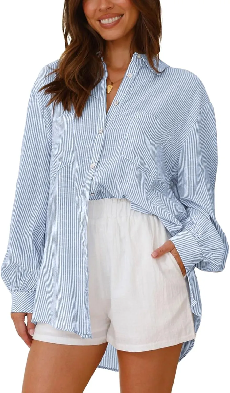 Neweek Womens Button Down Boyfriend Striped Shirts Long Sleeve Cotton Work Office Loose Blouses Tops with Pocket 2025