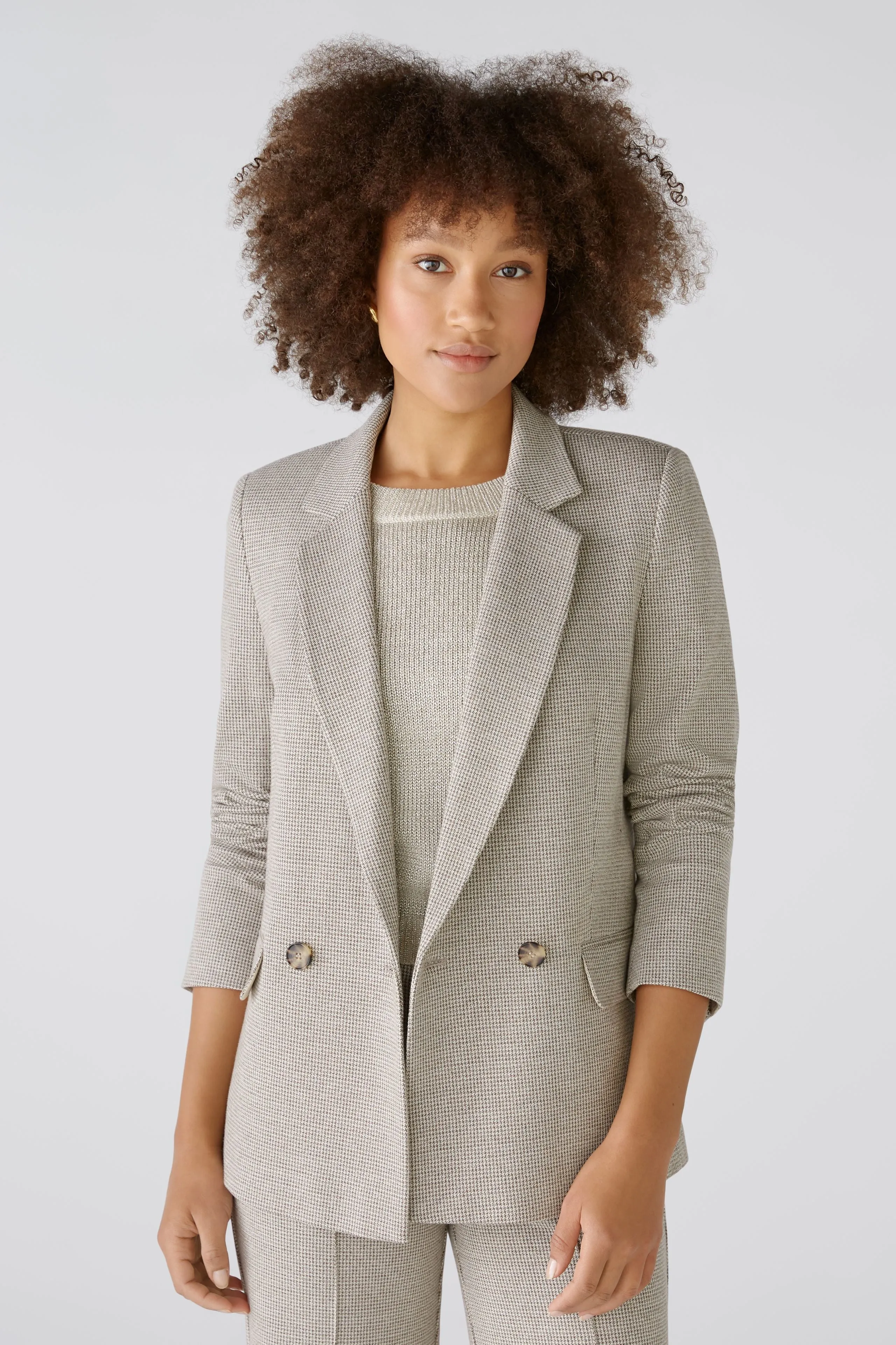 Trendy Womens Oversized Houndstooth Blazer in Brown and Cream