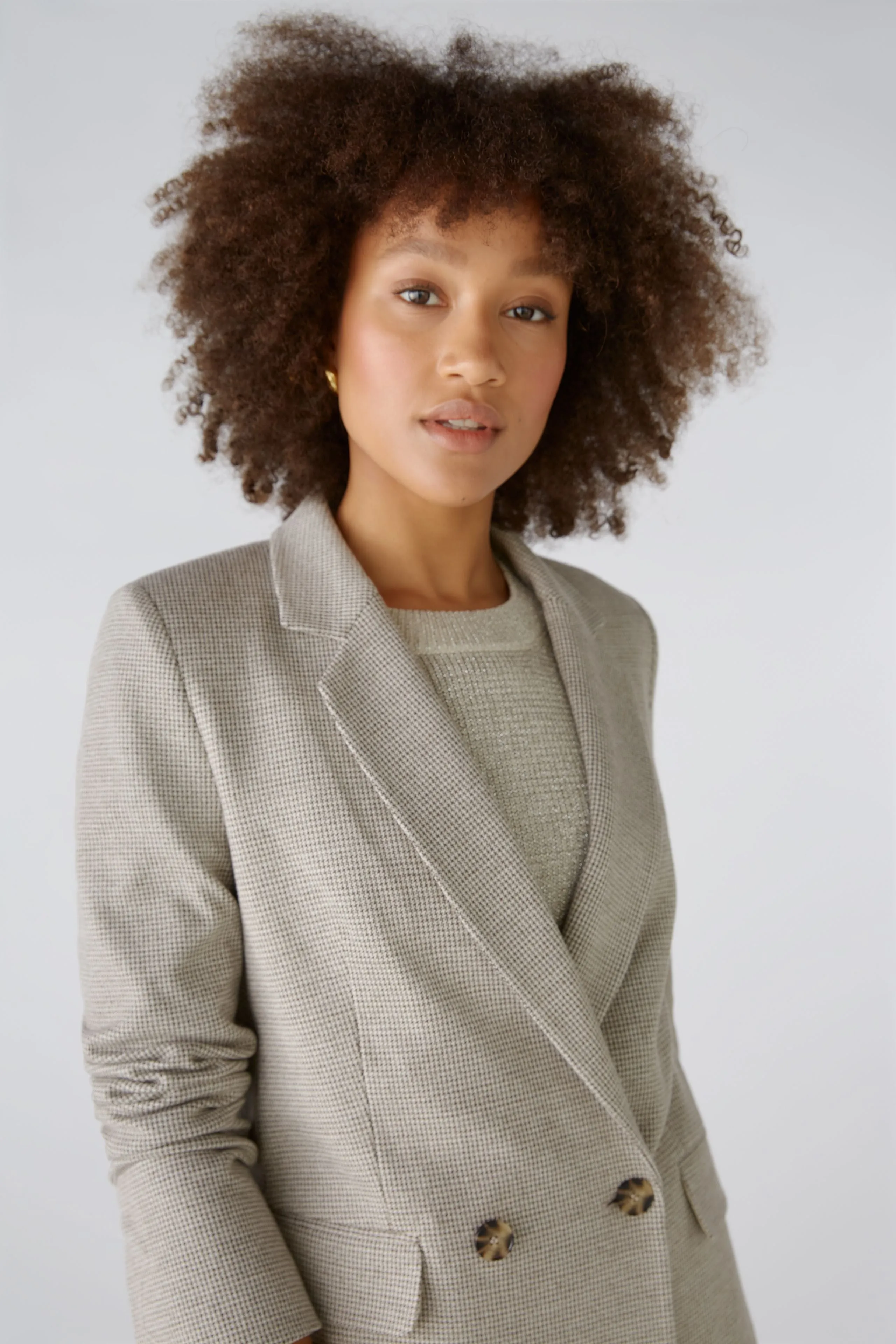 Trendy Womens Oversized Houndstooth Blazer in Brown and Cream