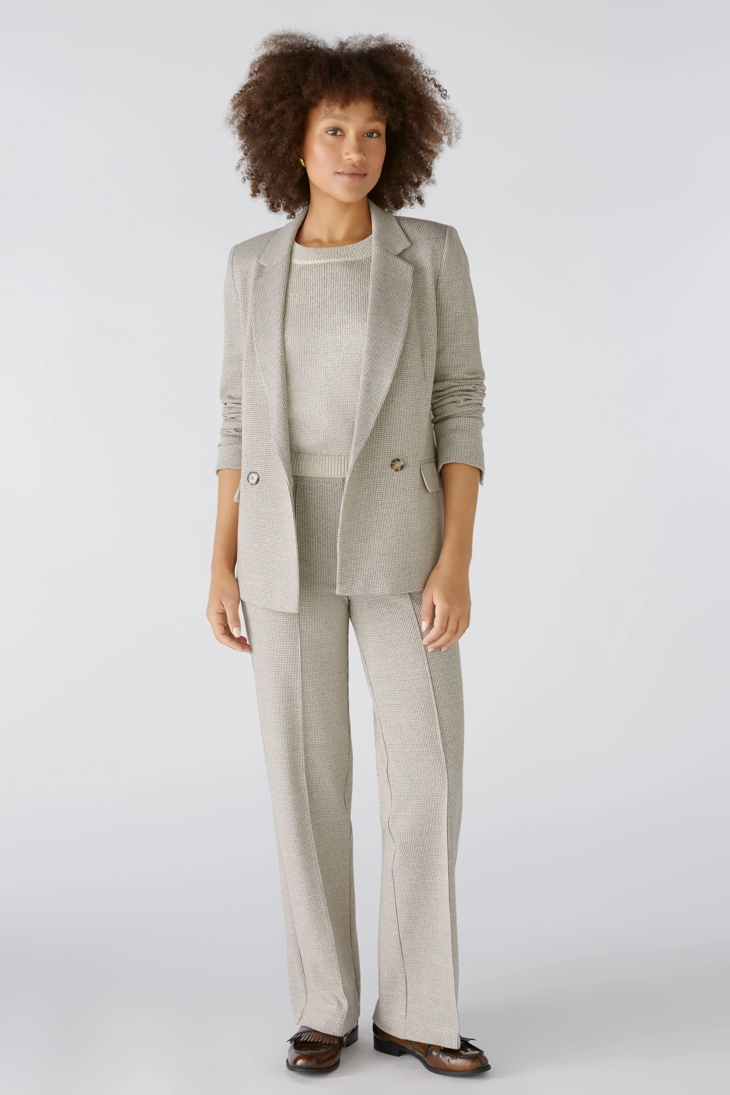 Trendy Womens Oversized Houndstooth Blazer in Brown and Cream
