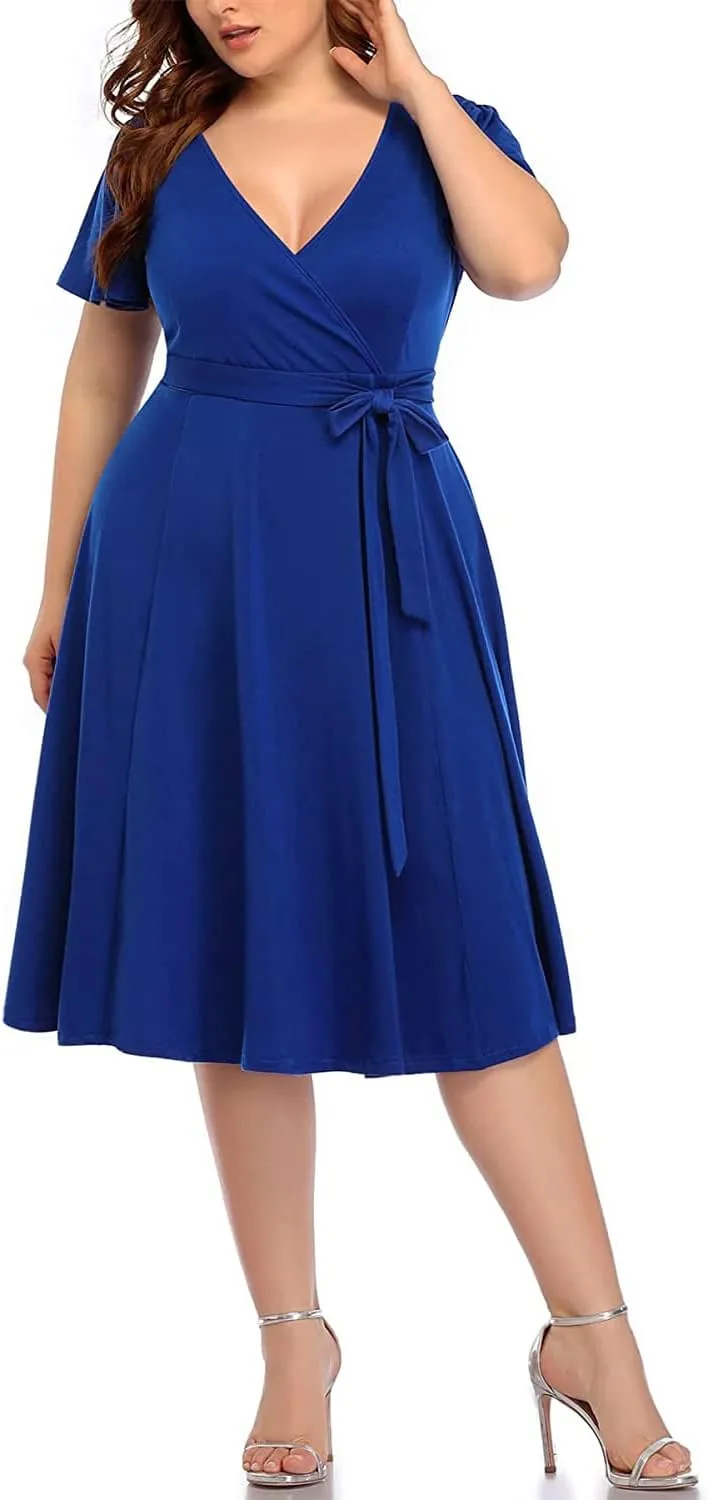 Pinup Fashion Women Plus Size Dresses Wedding Guest - Semi Formal Cocktail Wrap Empire Waist Midi Dress