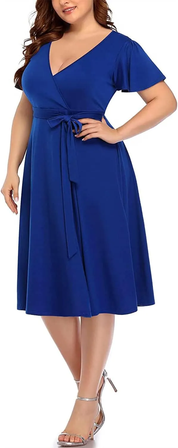 Pinup Fashion Women Plus Size Dresses Wedding Guest - Semi Formal Cocktail Wrap Empire Waist Midi Dress
